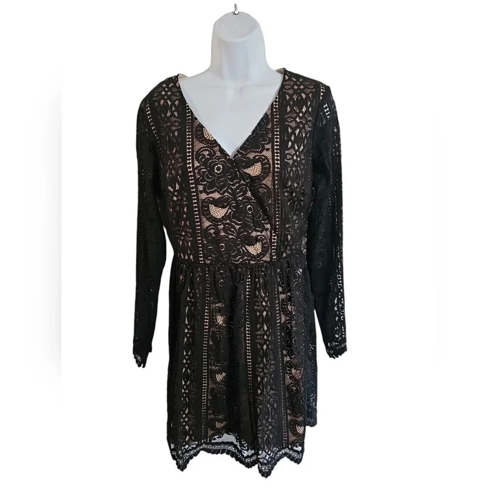 Xhilaration Womens M Black Lace Faux Wrap Dress Nude Lining Goth Whimsy Cottage - Picture 2 of 7